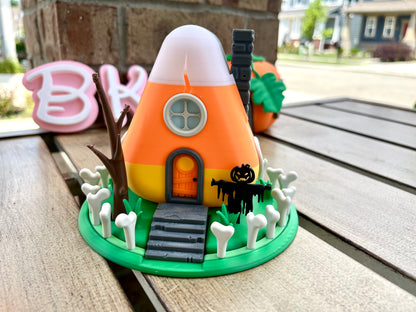 Spooky Halloween Fairy House: Cracked Candy Corn Miniature for Haunted Village Decor
