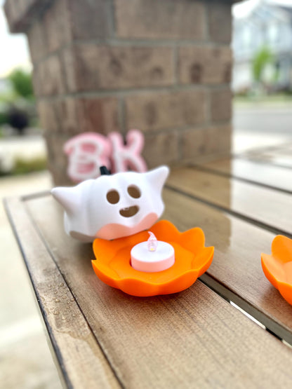 3D Printed Ghost Pumpkin Tea Light Holder: Spooky Halloween Decor | Light Included