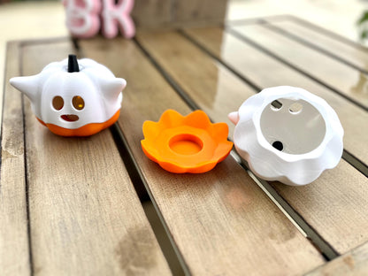 3D Printed Ghost Pumpkin Tea Light Holder: Spooky Halloween Decor | Light Included